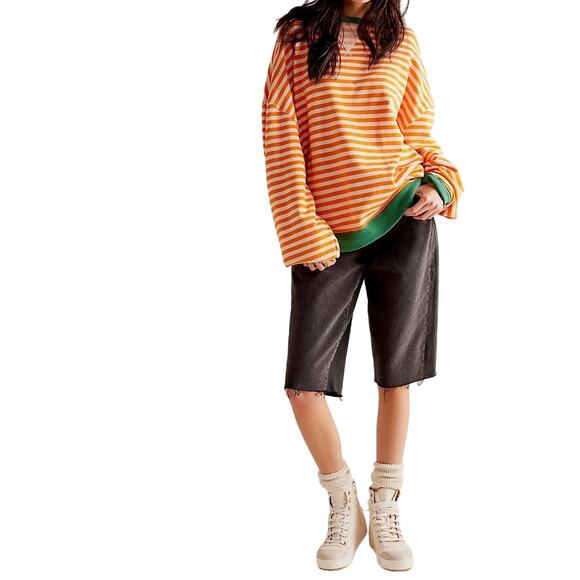 Free People We The Free Oversized Striped Crewneck Sweatshirt NWOT Orange/Green - Picture 2 of 8
